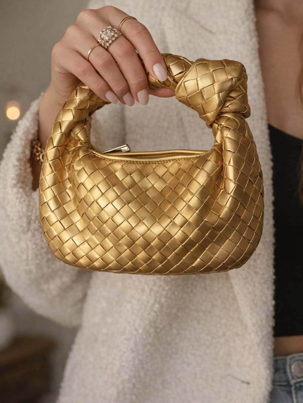 Gold Woven Mini Bag Knot Handle Designer Inspired Vegan Going Out Clutch 11x9"